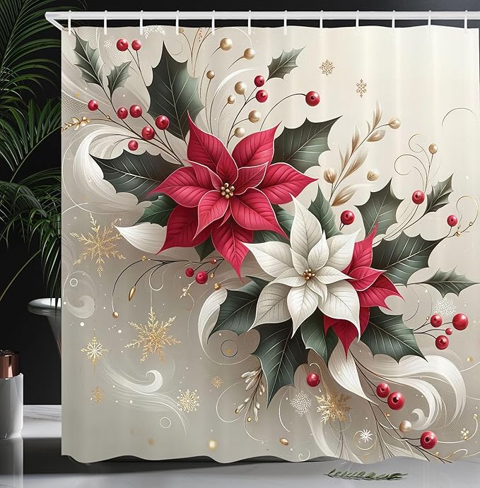 Ambesonne Christmas Shower Curtain, Traditional Xmas with Poinsettia Flowers Ornate and Snowflakes, Cloth Fabric Bathroom Decor Set with Hooks, 69" W x 84" L, Pale Vermilion and Grey Teal
