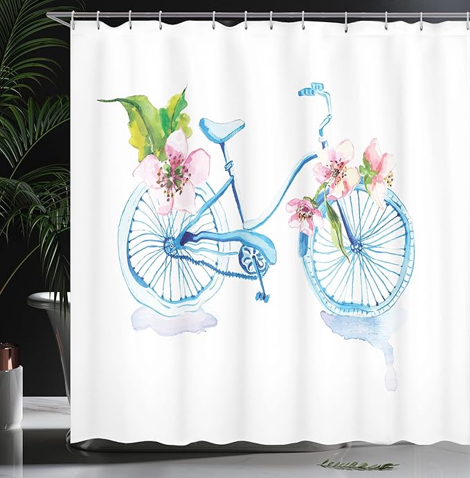 Ambesonne Bicycle Shower Curtain, Grungy Inspired Watercolors Textured Bicycle with Orchids Romantic Vehicle, Cloth Fabric Bathroom Decor Set with Hooks, 69" W x 70" L, Pink Blue