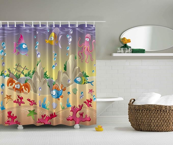 Ambesonne Underwater Shower Curtain, Cartoon Design Funny Sea Animals Fishes Sunken Ship Coral Reef and Bubbles, Cloth Fabric Bathroom Decor Set with Hooks, 69" W x 70" L, Warm Taupe Blue