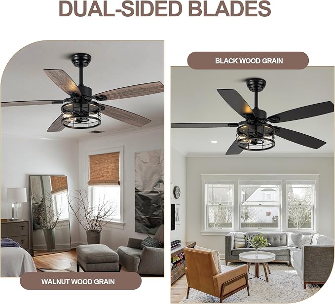 52 Inch Farmhouse Ceiling Fan with Light and Remote Black Industrial Ceiling Fan Quiet and Reversible DC Motor Rustic Caged Chandelier Fan for Living Room Bedroom Patio
