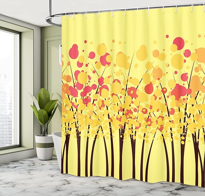 Ambesonne Yellow Shower Curtain, Colorful Autumn Fall Forest with Dotted Flowers Seasonal Texture Home Print, Cloth Fabric Bathroom Decor Set with Hooks, 69" W x 75" L, Yellow Orange
