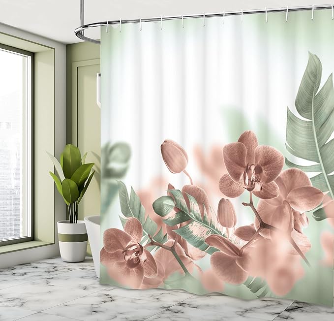 Ambesonne Tropical Shower Curtain, Exotic Orchids Blossom Leaves on Blurred Background Floral Themed Modern Art, Cloth Fabric Bathroom Decor Set with Hooks, 69" W x 84" L, Reseda Green