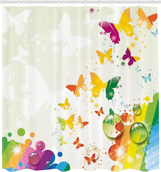 Ambesonne Colorful Shower Curtain, Silhouettes of Butterflies Freedom of The Nature Festival Art Print, Cloth Fabric Bathroom Decor Set with Hooks, 69" W x 70" L, Pale Green White Multicolor