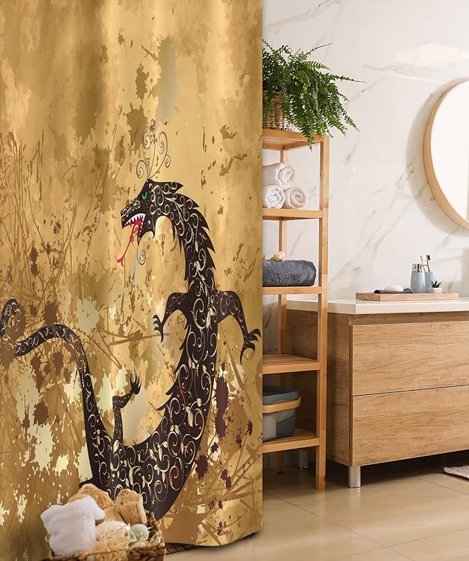 Ambesonne Dragon Stall Shower Curtain, Reptile Dragon Grunge Floral Ornate Retro Image, Fabric Bathroom Decor Set with Hooks, 36" W x 72" L, Pale Caramel Sand Brown