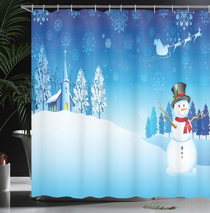 Ambesonne Christmas Shower Curtain, Snowman on The Christmas Eve Santa's Sleigh in The Starry Sky Fantasy Artwork, Cloth Fabric Bathroom Decor Set with Hooks, 69" W x 84" L, Blue White