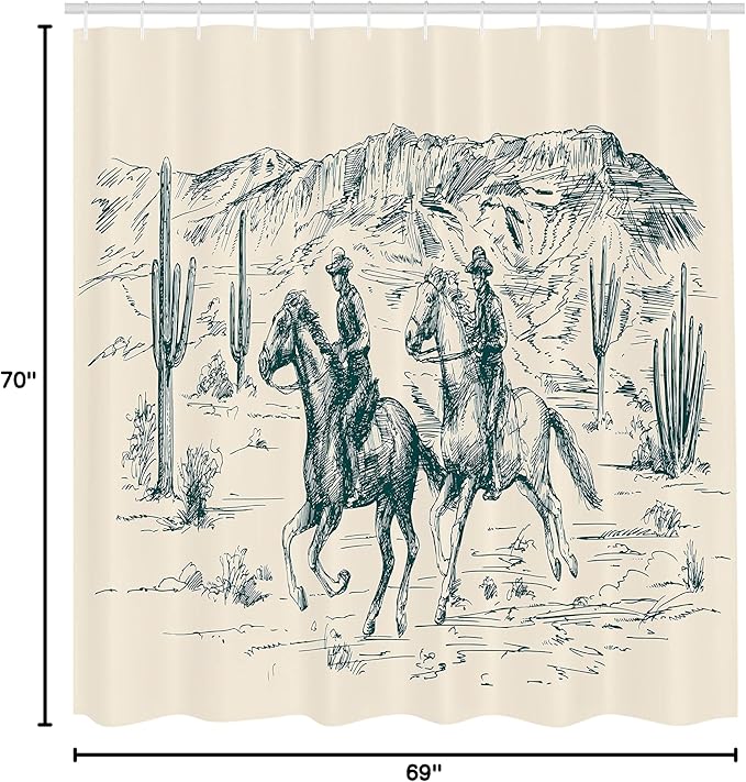Ambesonne Western Shower Curtain, Country Theme Hand Drawn Illustration of American Wild West Desert with Cowboys, Cloth Fabric Bathroom Decor Set with Hooks, 69" W x 70" L, Cream Teal