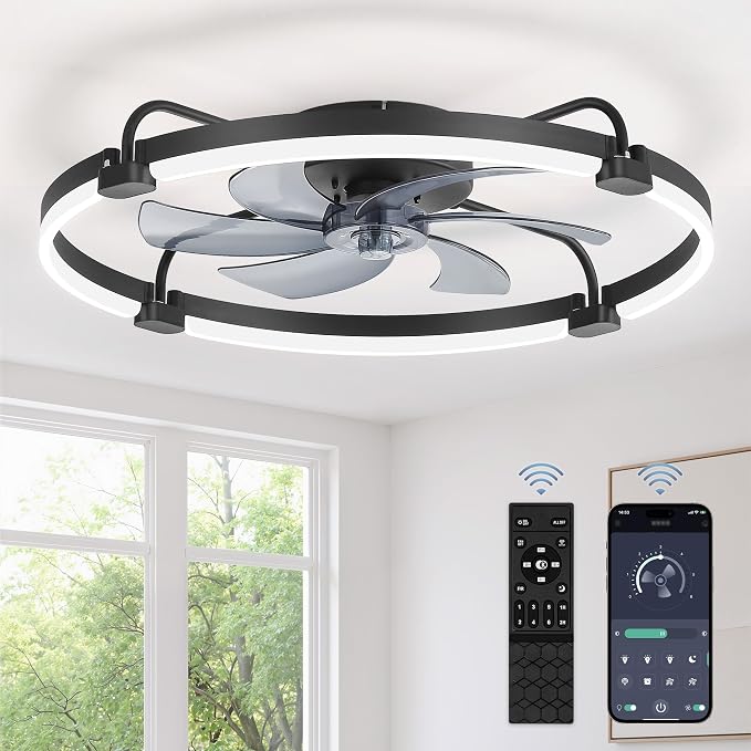 LEDIARY 26" Ceiling Fans with Lights and Remote, Low Profile Led Fan Light | Stepless Dimmable Fandelier, 6 Wind Speeds, Remote and APP Control, Flush Mount Ceiling Fan for Bedroom, Living Room, Black