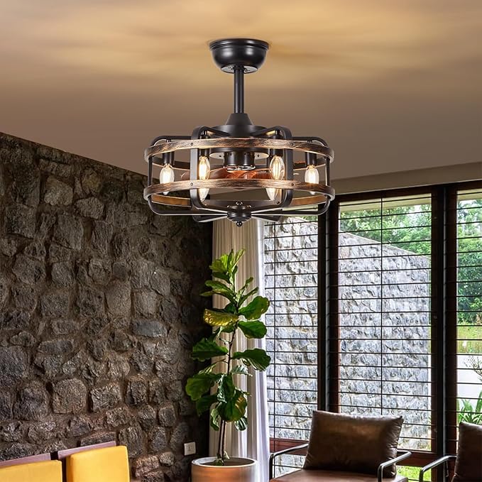 Caged Ceiling Fans with Lights Black Farmhouse 18‘’ Flush Mount Bladeless Rustic Chandeliers Fan Lights with Remote Vintage Reversible Ceiling Fan for Living Room Bedroom Kitchen 6 Light Bulb Base E12