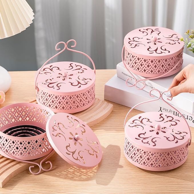 Lallisa Incense Coil Holder Sets, Round Metal Hanging Incense Burner with Handle and Lid, Portable Coil Burner Stand Container for Patio Camping Garden Home Indoor Outdoor Decor(Pink,4 Pcs)