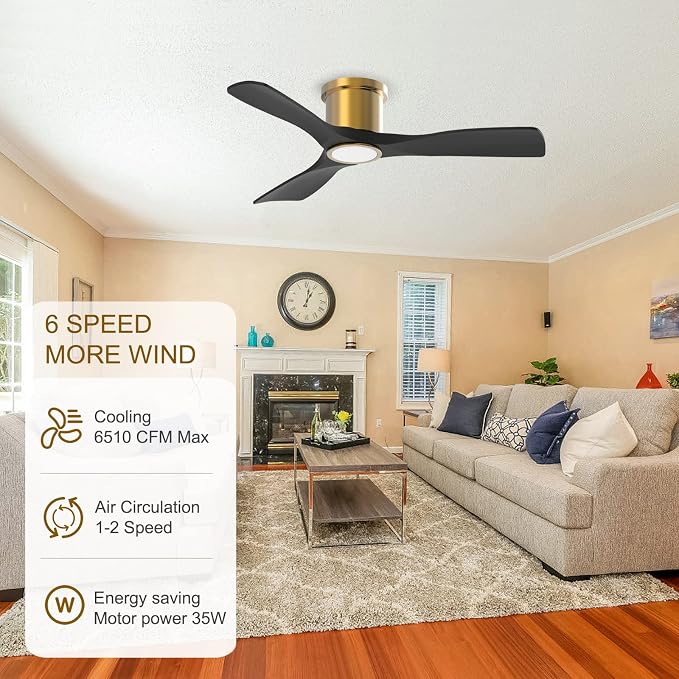 OFANTOP 52 Inch Flush Mount Smart Black Gold Ceiling Fan with Light Remote | Whisper-Quiet & Powerful Airflow, 3-Color Dimmable LED with Memory, Reversible Motor, Timer, for Bedroom Living Room