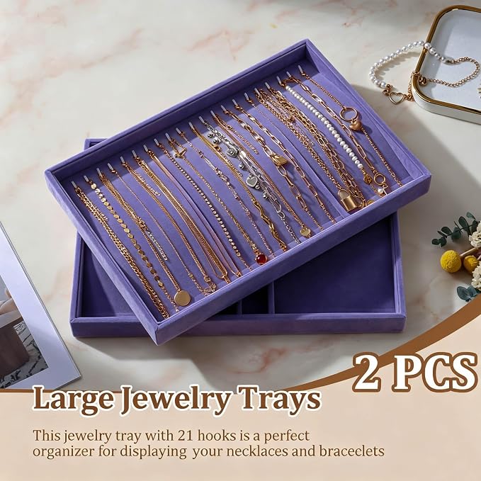 Large Velvet Jewelry Tray 2 Pack Stackable Jewelry Display Drawer Inserts Trays Organizer for Earring Bracelet Necklace Ring (Purple, 20 Hooks)