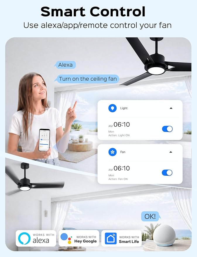 52 Inch Modern Smart Ceiling Fan with LED Lights and WiFi Alexa APP Remote,Black Ceiling Fan with ABS Blades,3CCT,6 Speed,Quiet Reversible DC Motor Indoor Outdoor Fan for Patio,Garage,Bedroom
