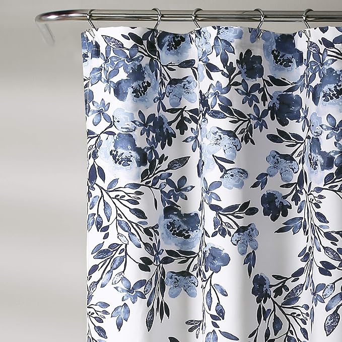 Lush Decor Tanisha Shower Curtain, 72" W x 72" L, Navy & White - Navy Blue Flower Vine Print - Beautiful & Elegant Floral Shower Curtain - Modern Farmhouse, Cottage & French Country Bathroom Decor