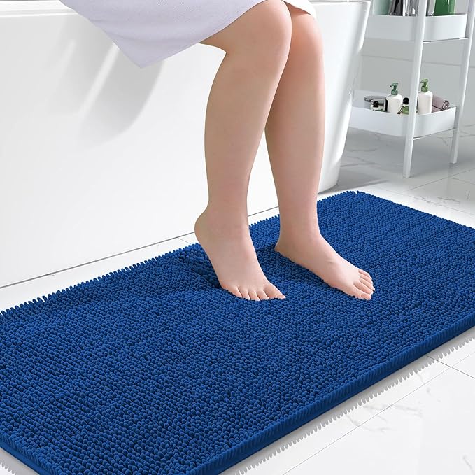 OLANLY Large Bathroom Rugs 45x27, Soft Absorbent Chenille Bath Rugs, Rubber Backing Quick Dry, Machine Washable Bath Mats for Bathroom Floor, Tub and Shower, Home Decor Accessories, Deep Navy Blue