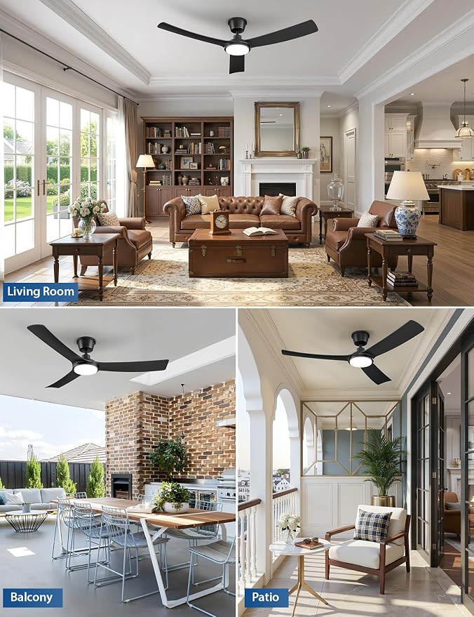 56" Outdoor Ceiling Fan with Light - IP66 Waterproof Black Ceiling Fans with Lights and Remote & App Control, Quiet DC Motor, 3 CCT, Dimmable LED Large Ceiling Fans for Patios, Gazebo, Porch