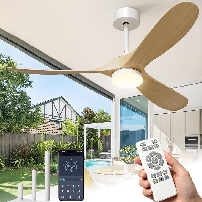 Ceiling Fans with Lights, 60 Inch Wooden Ceiling Fans with App Voice Remote Control, 6 Speed Quiet Fan, Dimmable Light Flush Mount Ceiling Fan for Bedroom Living Room, Natural Wood