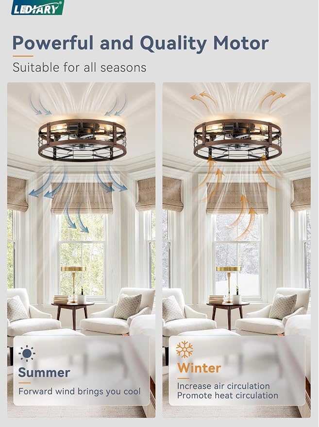 LEDIARY 20" Caged Ceiling Fan with Light and Remote, Low Profile Flush Mount Fandelier, Walnut Bladeless Enclosed Small Fan Lights Ceiling Fixtures, Rustic Farmhouse Style for Bedroom, Outdoor