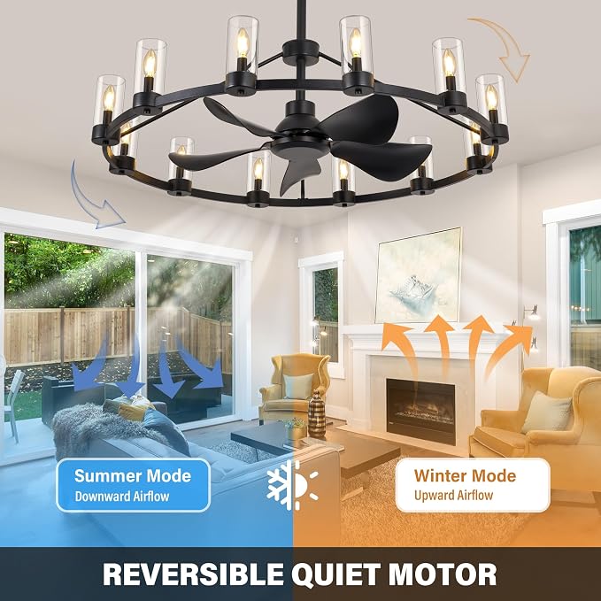 44" Wagon Wheel Chandelier Ceiling Fans with Lights and Remote with APP, 12-Lights Farmhouse Fandelier Fans with Glass Shade, Black Industrial Lighting Fixture for Dining Living Room, Kitchen Island