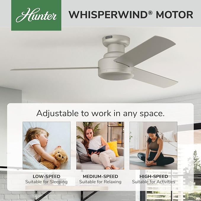 Hunter Presto, Indoor, Ceiling Fan, Wall Control, 52 inch, Matte Nickel | For Bedroom, Living Room, Kitchen, Home Office, 52409