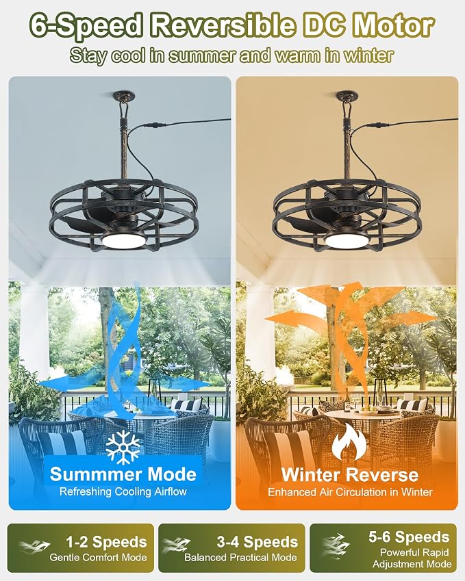 20" Outdoor Ceiling Fan with Light – Waterproof Plug-In Smart Fan for Porch, Pergola & Gazebo, 4CCT Color Adjustable, Alexa & Google Compatible, Caged Design, Brushed Gold Finish