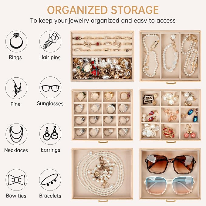 AKOZLIN 6-Tier Jewelry Box Organizer Functional 5 Drawers Leather Jewelry Storage Case for Women Girls Ring Necklace Earring Bracelet Holder Organizer with Mirror Medium Champagne
