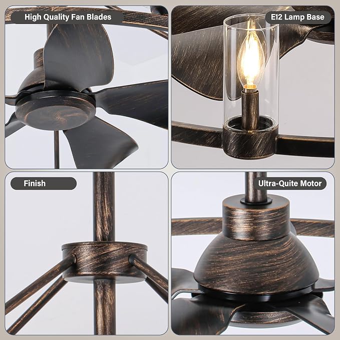 44" Wagon Wheel Chandelier Ceiling Fans with Lights and Remote with APP, 12-Lights Farmhouse Fandelier Fans with Glass Shade, Antique Bronze Lighting Fixture for Dining Living Room, Kitchen Island