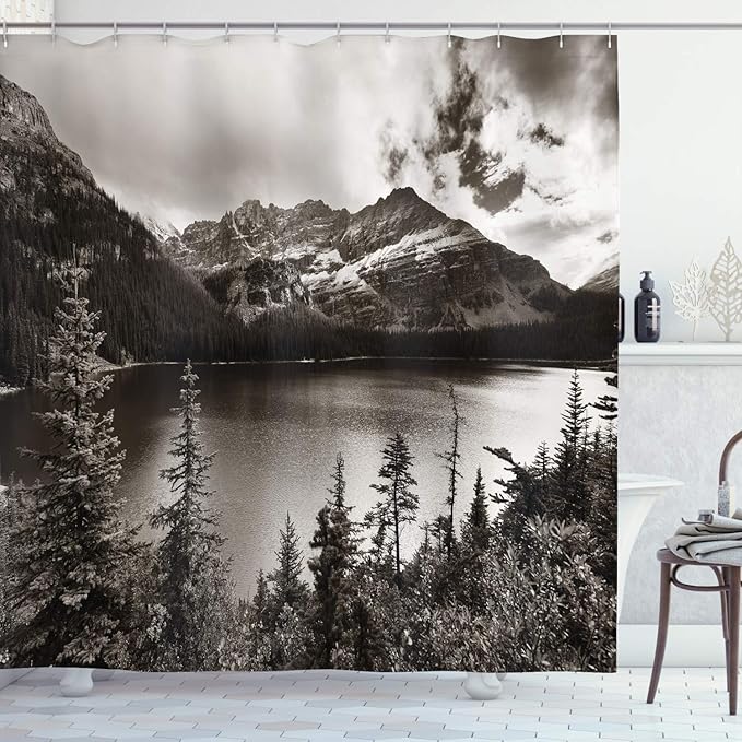 Ambesonne National Parks Shower Curtain, Alpine Area Province Waterfront Recreation Relaxation Getaway Design, Cloth Fabric Bathroom Decor Set with Hooks, 69" W x 75" L, White Black