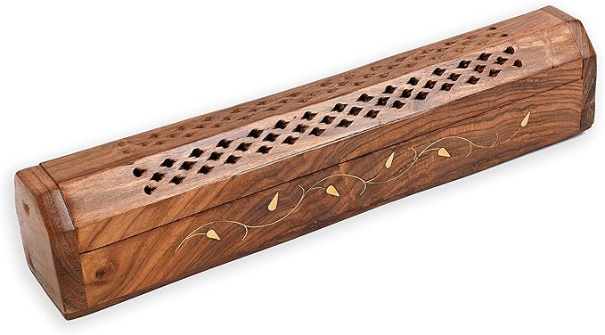 Incense Garden Pack of 2 Incense Stick Holder - Coffin Style - Wood Incense Stick Burner with Vines Inlays (Natural) Handmade with Brass Inlays