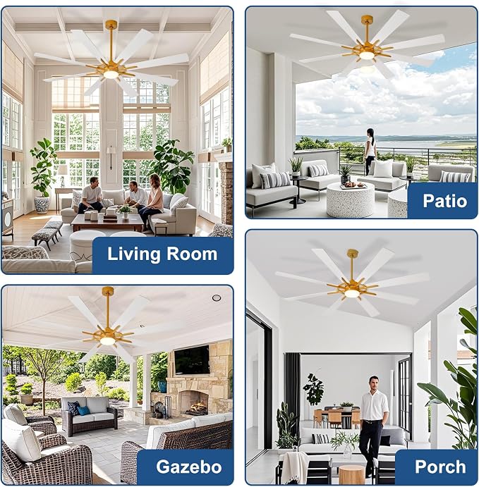 Large Ceiling Fans with Lights: Modern 72 Inch 8 Blade Outdoor Ceiling Fan with Remote APP Control - Dimmable White Gold Big Fan Light Indoor Reversible 6 Speed Quiet DC Motor
