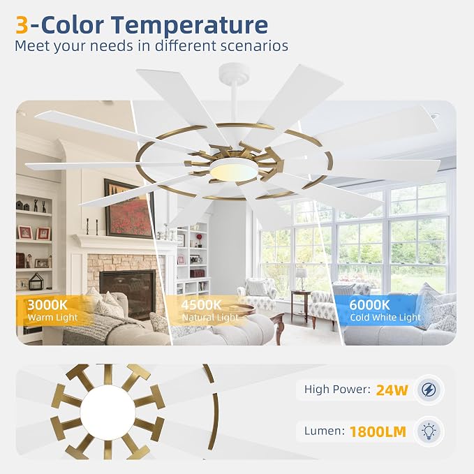 WINGBO 84" Windmill Ceiling Fan with Lights, 3 Downrod, 6-Speed Reversible DC Motor, 3CCT, 10 Blade Indoor Farmhouse DC Ceiling Fans for Kitchen Bedroom Living Room Patio, Aged Brass and White