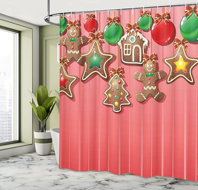 Ambesonne Gingerbread Man Shower Curtain, Christmas Cookies and Baubles Bowties Symbolic Pastry Design, Cloth Fabric Bathroom Decor Set with Hooks, 69" W x 70" L, Pale Ruby
