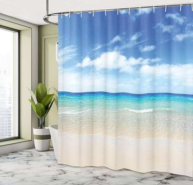 Ambesonne Ocean Shower Curtain, Tropical Sandy Beach at Summer Sunny Day Holiday Vacation Theme Image Print, Cloth Fabric Bathroom Decor Set with Hooks, 69" W x 70" L, Ivory Blue