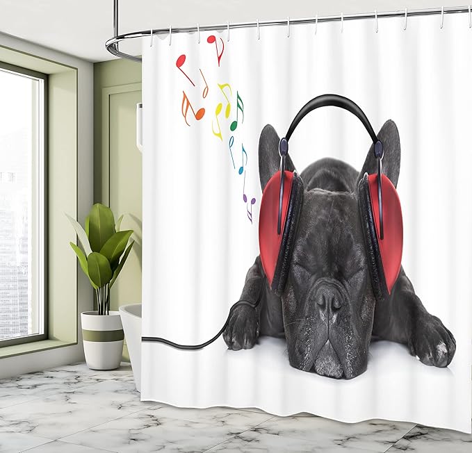 Ambesonne Dog Lover Shower Curtain, Bulldog Listening to Music Earphones While Relaxing Sleeping Print, Cloth Fabric Bathroom Decor Set with Hooks, 69" W x 70" L, Black White Red