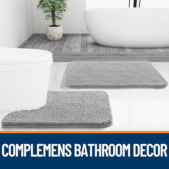OLANLY Toilet Rugs U-Shaped 20x20, Extra Soft Absorbent Chenille Contour Bathroom Rugs for Toilet, Dry Quickly, Machine Washable, Non-Slip Bath Mat, Light Grey