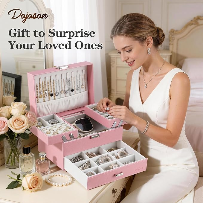 Dajasan Jewelry Organizer Box, Large Jewelry Boxes for Women Girls, Space-Saving 3 Layers Jewelry Storage Case with Drawer, Gift Idea, Movable Metal Stand, Modern (Pink)