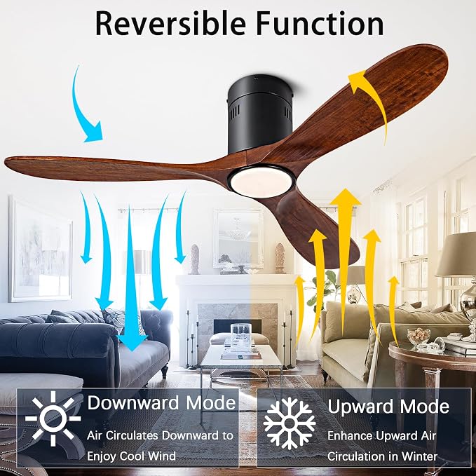 52” Ceiling Fan with Light with 6 Speed Remote/APP Control, Solid Wood Fan Blade, 3CCT Dimmable LED, Silent, Recessed Ceiling Fan for Bedroom, Hallway