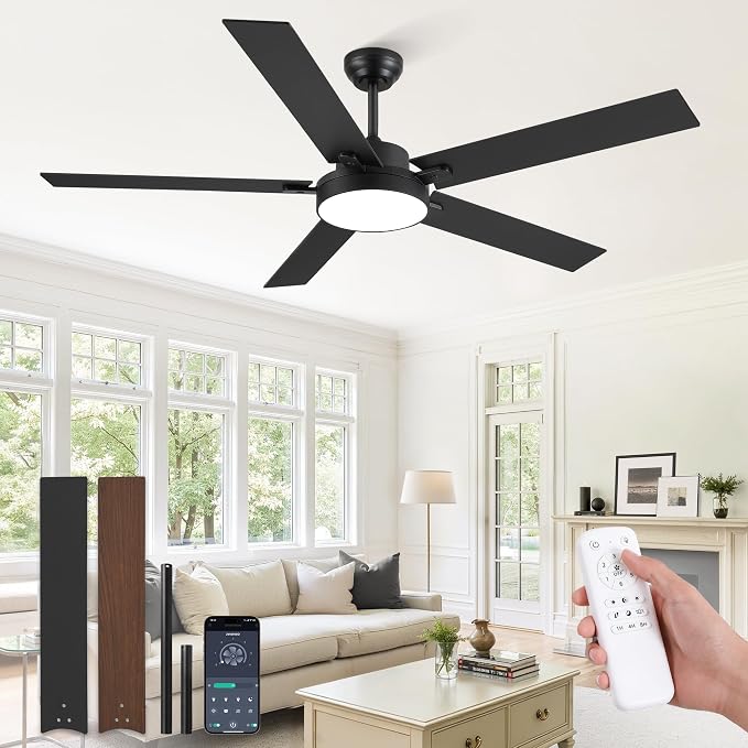 ZMISHIBO 60 Inch Ceiling Fans with Lights, Smart Remote/APP Control, Modern Ceiling Fan with 6 Speeds & 3CCT, Dimmable 30W LED, Quiet DC Motor, Noiseless for Living Room, Bedroom, Kitchen, Black