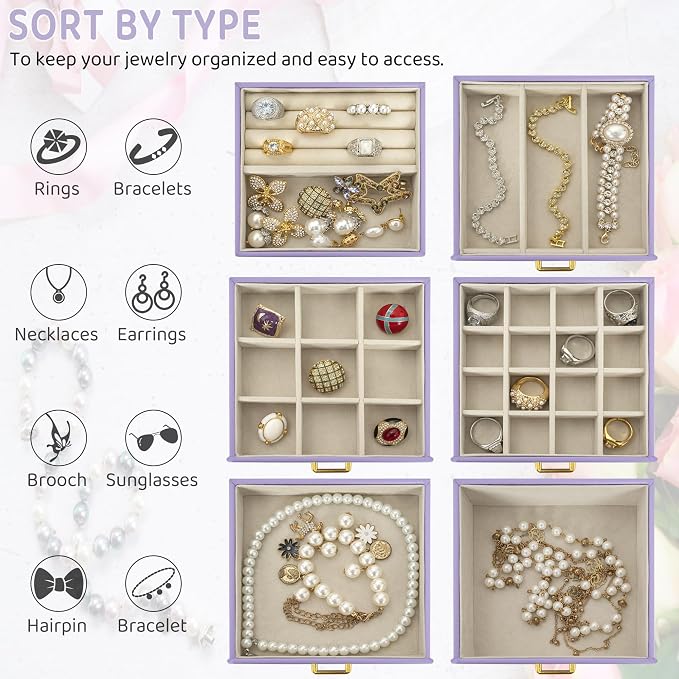 AKOZLIN 6-Tier Jewelry Box Organizer Functional 5 Drawers Leather Jewelry Storage Case for Women Girls Ring Necklace Earring Bracelet Holder Organizer with Mirror Purple Regular
