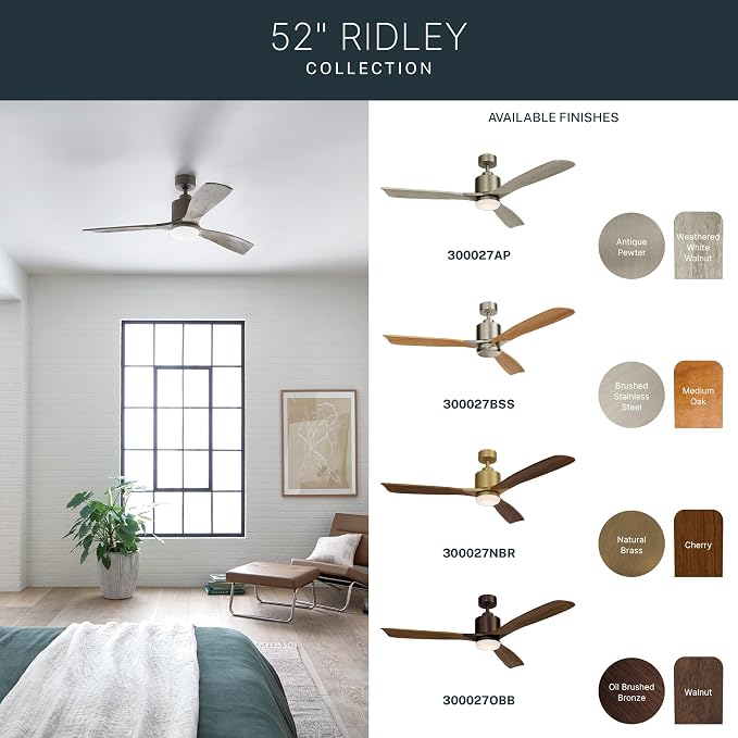 Kichler Ridley II 52" Ceiling Fan and Light Kit in Natural Brass, 3-Blade LED Ceiling Fan in Cherry Finish, 3000K, (52" W x 14.5" H), 300027NBR
