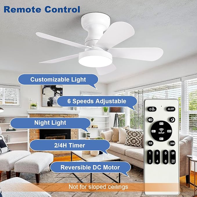 Depuley Small Ceiling Fan with Lights: 28-Inch Flush Mount Fan with Light and Remote - White Low Profile Ceiling Fans Reversible Quiet DC Motor for Bedroom Living Room Indoor Outdoor