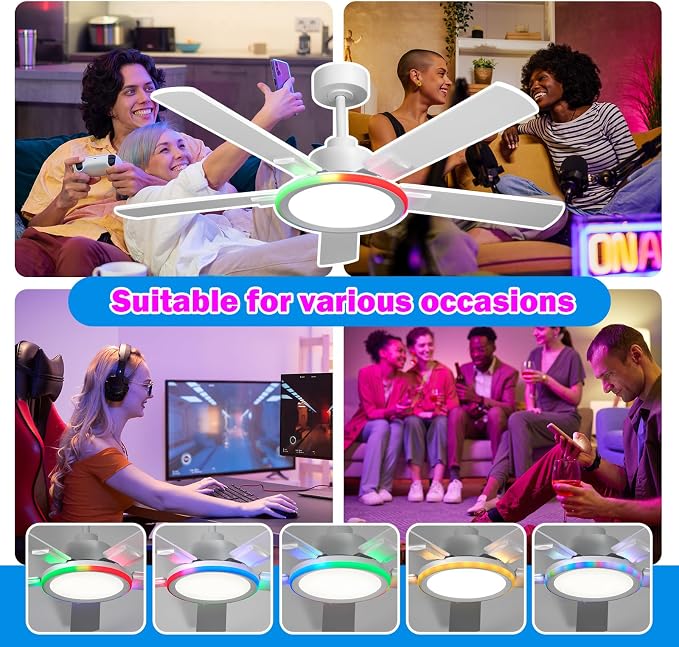 52" Ceiling Fans with Lights,Bluetooth Ceiling Fan with Speaker,6-Speed Reversible Motor,Full-Spectrum Adjustable Lighting,Edge Ambient Lights,Low Profile Ceiling Fan with Light and Remote/App Control