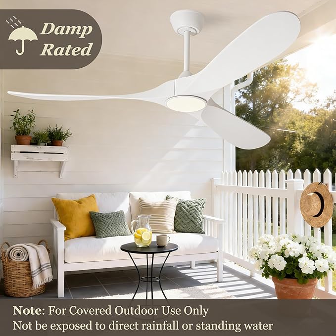 72 inch White Ceiling Fan with Light and Remote, Large Modern Outdoor Ceiling Fans with Lights for Patios Porch Indoor Living Room Bedroom Wood 3 Blade Propeller High CFM Damp Rated Fan