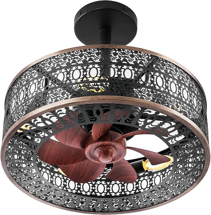 Industrial Caged Ceiling Fans with Lights, Small Black Ceiling Fan with Light And Remote, Farmhouse Ceiling Fan Light for Living Room, Bedroom, Kitchen