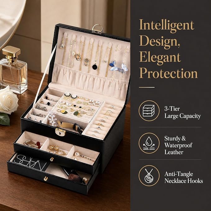 3 Layer Jewelry Box Organizer with Drawers, Lockable Holder for Women Girls | Large Capacity Storage Case with Velvet Lining, Earring Slots, Ring Cushions, Necklace Hooks, Elegant Gift for Mom