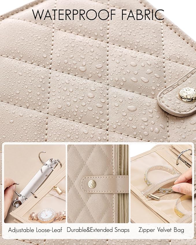 VLANDO Travel Jewelry Organizer Case,Jewelry Storage Book Ring Binder with Clear Zipper Velvet Pouch Bag for Traveling,Rings,Necklace,Earrings,Bracelets,Brooches-Toffee