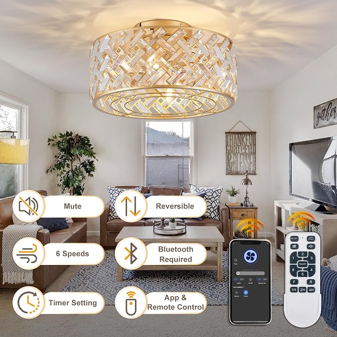 18 Inch Caged Ceiling Fans with Lights, Low Profile Crystal Fandelier Ceiling Fan with Lights and Remote & App Control for Low Ceilings Flush Mount Installation Indoor, Bulb Included Gold