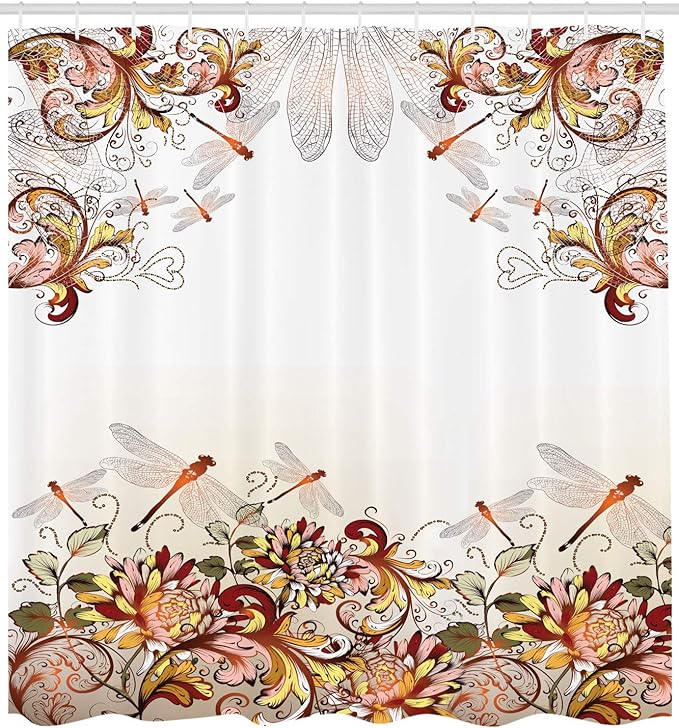 Ambesonne Floral Shower Curtain, Dragonflies and Wildflowers Romantic Illustration of Nature with Ornamental Swirls, Cloth Fabric Bathroom Decor Set with Hooks, 69" W x 70" L, White Brown