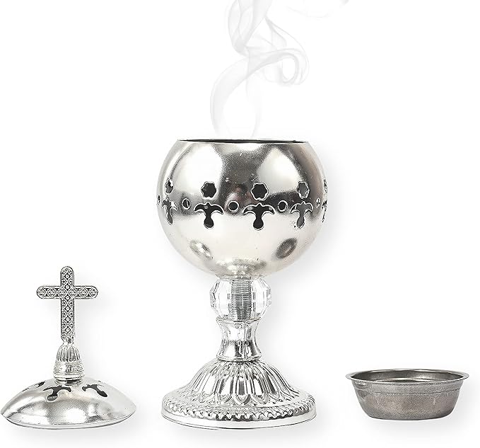 Nazareth Store Silver Charcoal Incense Burner Catholic Cross Censer Brass Plated Distiller for Church and Home
