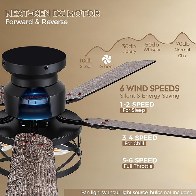 JSAITEE 52in Flush Mount Farmhouse Ceiling Fan with Lights, Caged | Low Profile Fan Light with E12 Base(Bulbs Not Included), 6 Speeds Adjustable&Timer, Rustic Lighting Fan for Indoor/Outdoor
