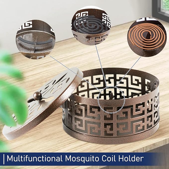 Exquisite Metal Mosquito Coil Holder Long-Lasting Coil Incense Burner for Indoor and Outdoor (Bronze)